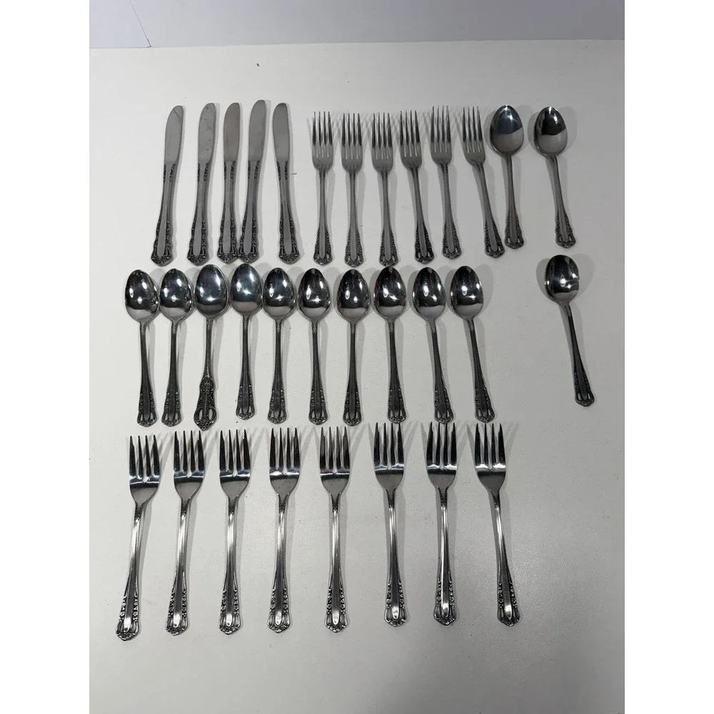Vintage Ornate Floral Stainless Steel Flatware Set 37 Pieces Knives Forks Spoons